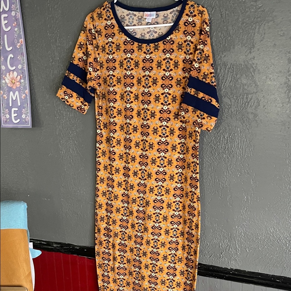 LuLaRoe Orange Floral Midi Dress with Navy Stripes